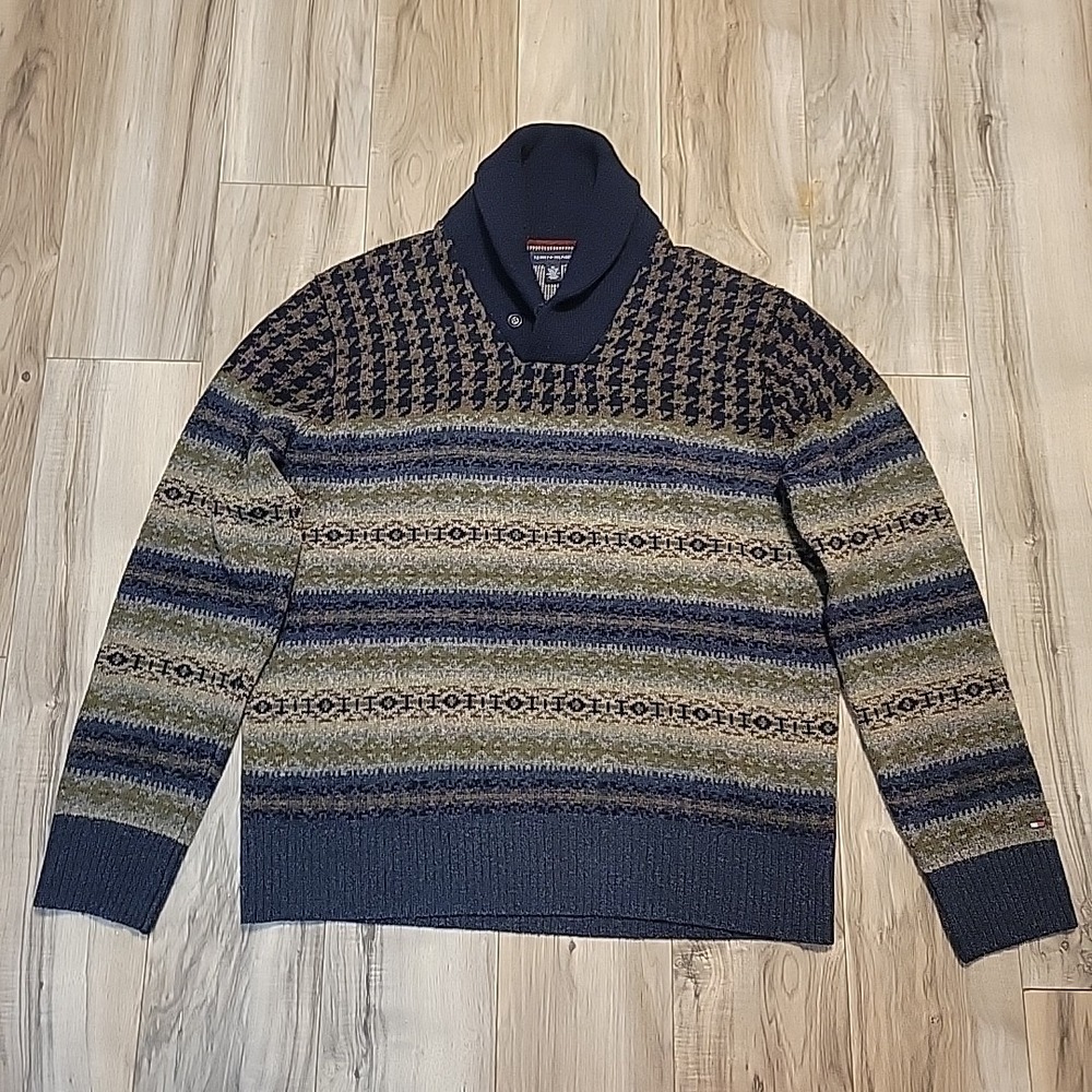 Tommy Hilfiger Lambswool Sweater Mens XL Fair Isle Multicolor Shawl‎ Collar